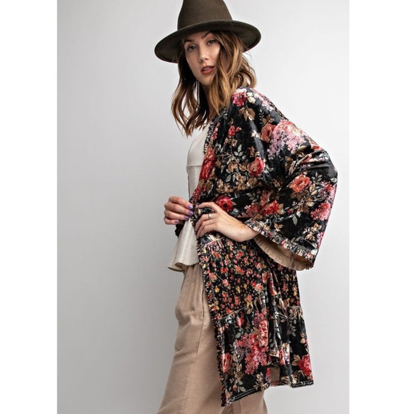 Boho Gypsy Black Floral Kimono Cardigan Tunic - Picture 5 of 8